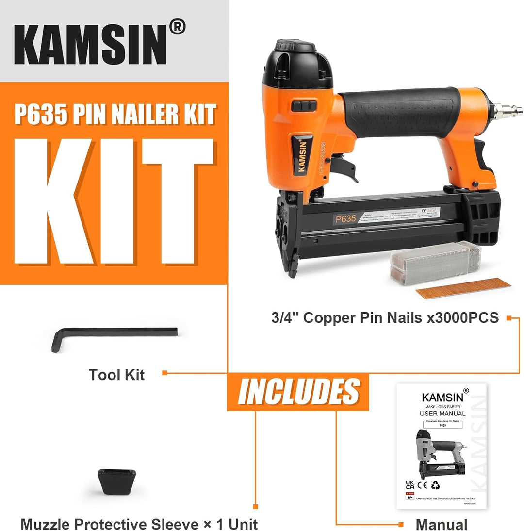 P635 23 GA Druckluft Stiftnagler kopflos mit 3000 Nägeln für Möbel | 13-35mm Nägel, 150 Stk Magazin,