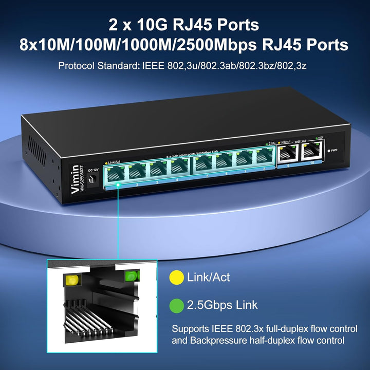 10 Port 10G/2.5G Ethernet-Switch mit Dual 10GBASE-T, Vimin 8x 2.5G + 2 x 10Gb RJ45 Ports Unmanaged S