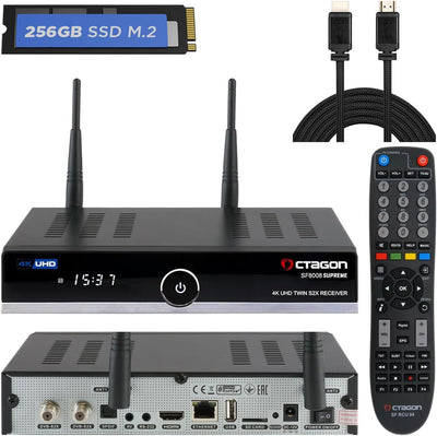 OCTAGON SF8008 UHD 4K Supreme Twin Sat Receiver + 256GB Festplatte INTERN + NONIC HDMI Kabel, 2X DVB