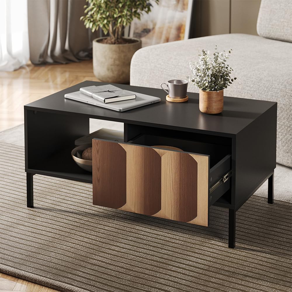 Vicco Couchtisch Eliza, Schwarz/Eiche, 90 x 50 cm mit Schublade, kombinierbar mit weiteren Möbeln de