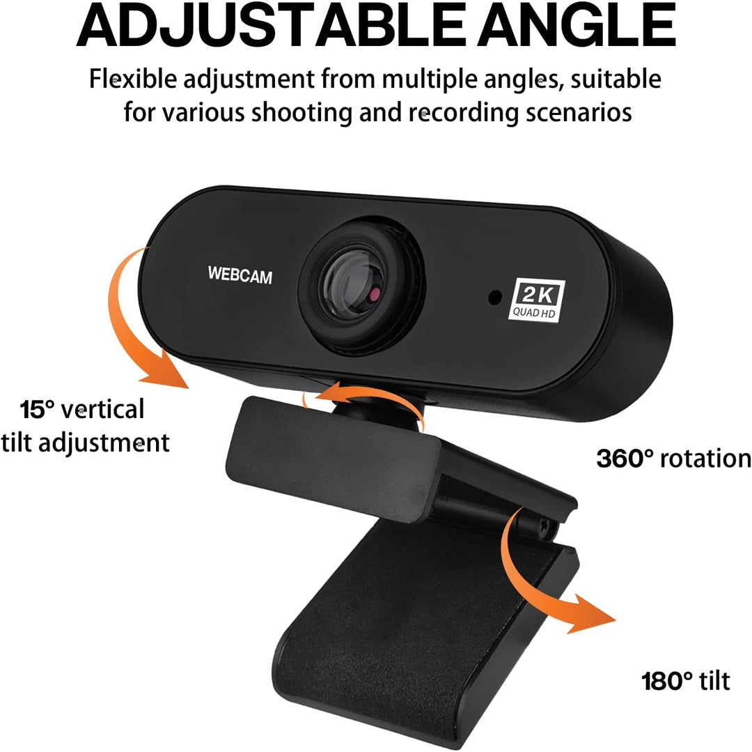 Webcam 2K 30FPS, Full HD Kamera USB PC Micro Winkel Verstellbar 80°Sichtfeld Plug and Play für Compu