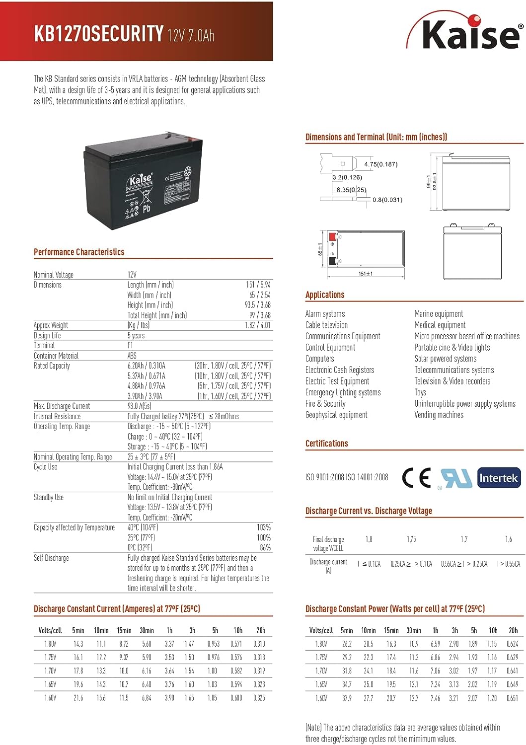 Kaise Technologies AGM VRLA Bleiakku 12 V-7Ah / Modell KB1270 Security/2 Stück