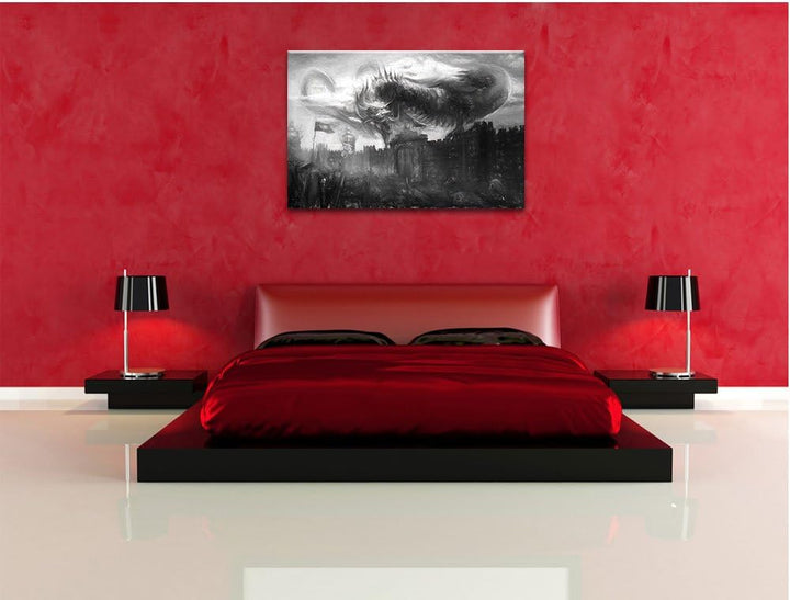 Pixxprint Drache über der Festung als Leinwandbild/Grösse: 100x70 / Wandbild/Kunstdruck/fertig bespa