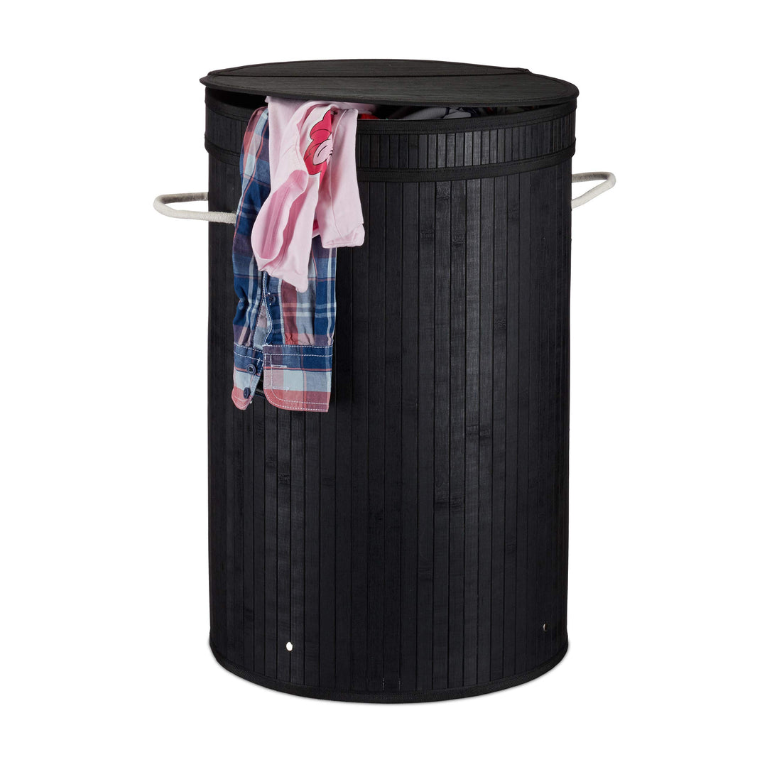 Relaxdays 1 x Wäschekorb Bambus, runder Wäschesammler mit Klappdeckel, 65 l, Faltbare Wäschetonne, Ø