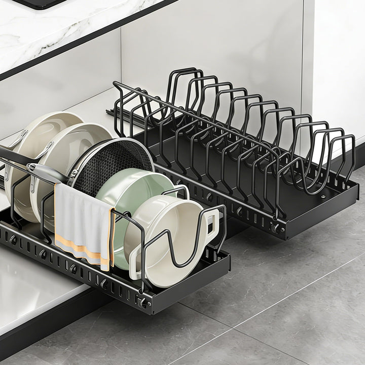 Topfdeckelhalter Ausziehbarer, Pfannenhalter für Schublade mit 12 Verstellbaren Teiler & Küchentuchh