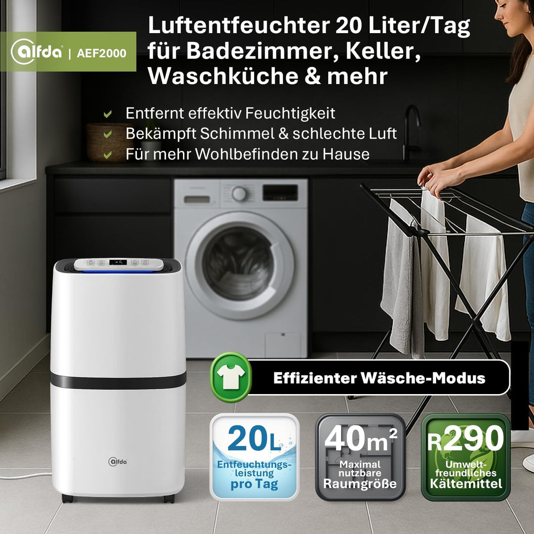 alfda AEF2000 Luftentfeuchter elektrisch 20 L Tag | 20 L Tag, bis 30m², Abschaltautomatik, Hygrostat