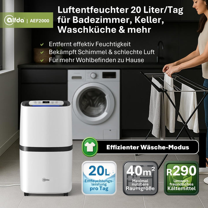 alfda AEF2000 Luftentfeuchter elektrisch 20 L Tag | 20 L Tag, bis 30m², Abschaltautomatik, Hygrostat