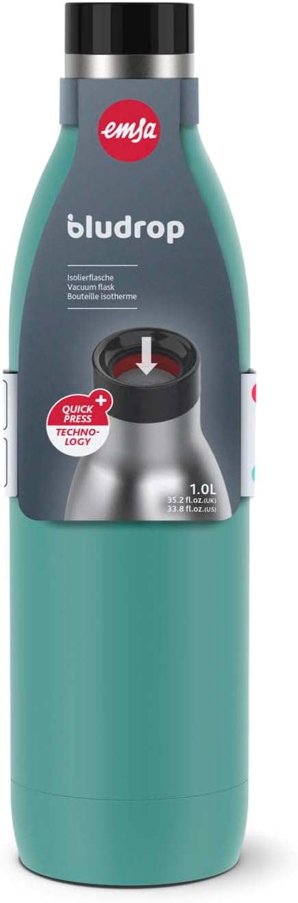 Emsa Bludrop Isolier-Trinkflasche, 1 Liter, 100% dicht, Quick-Press Verschluss, Ergonomischer 360° T