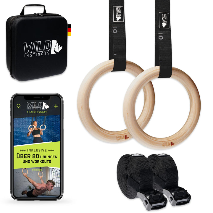 Wild Instincts® Premium Turnringe aus Holz 28mm / 32mm mit WebApp | Fitness-Ringe, Gymnastikringe, T