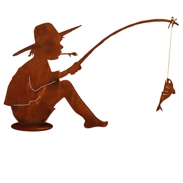 STEINFIGURENWELT GIEBEN Gartenfigur Angler Manni mit Fisch 60x90cm auf Platte Edelrost Gartendeko We