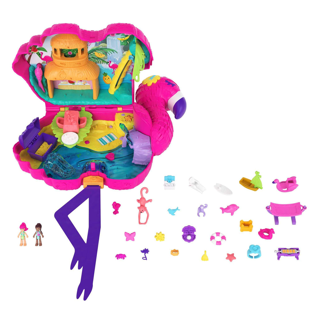 Polly Pocket HJN76 - Flamingo-Party, grosses Spielset mit 26 Überraschungen, Pop + Swap-Funktion, Tr