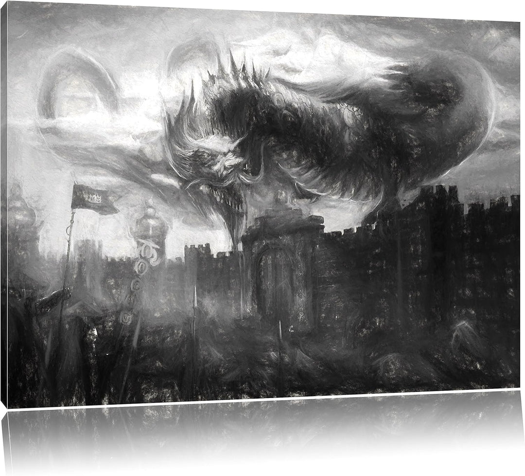 Pixxprint Drache über der Festung als Leinwandbild/Grösse: 100x70 / Wandbild/Kunstdruck/fertig bespa