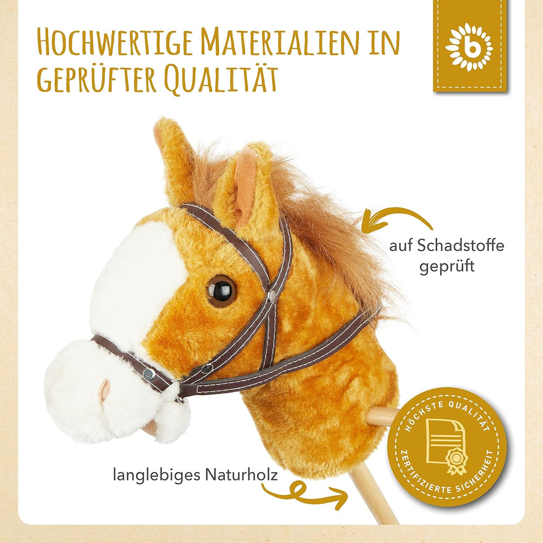 Bieco Steckenpferd Kinder Brownie | ca. 100 cm | Top Qualität | Holzpferd Draussen & Drinnen | Plüsc