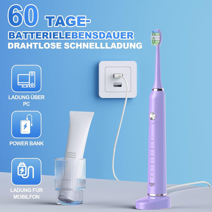 JTF Elektrische Zahnbürste, Schallzahnbürste mit 6 Bürstenköpfen 40000 VPM 5 Modi, Zahnbürste Elektr