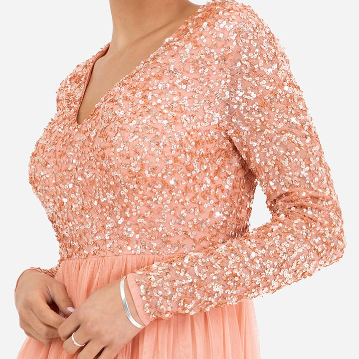 Maya Deluxe Damen Womens Ladies Dress Sleeve for Wedding Guest V Neck High Empire Waist Maxi Long Le