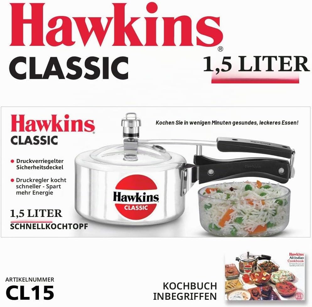 HAWKINS Classic CL15 Schnellkochtopf aus Aluminium, 1,5 l, klein, silberfarben 1.5-Liter Silver, 1.5