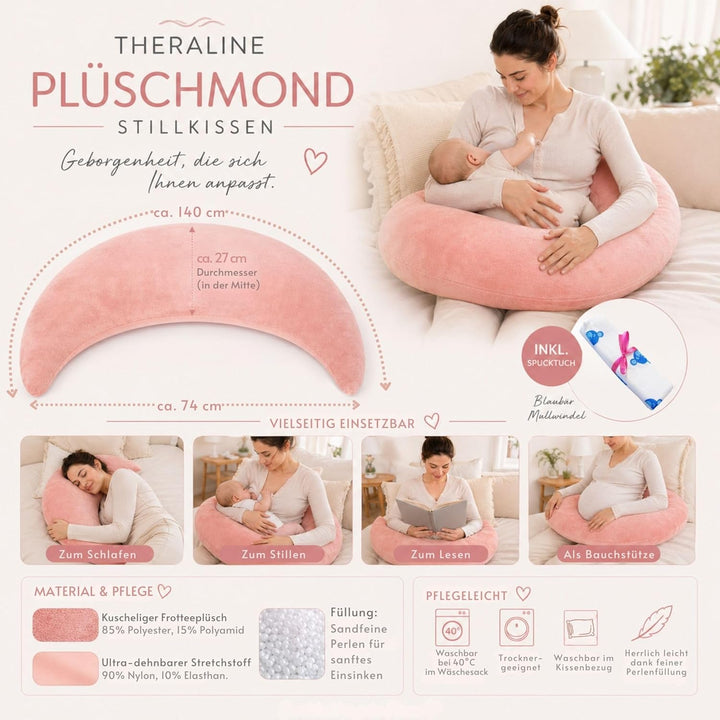 Set Theraline Plüschmond Stillkissen, Bauchstützkissen & Spucktuch Blaubär | Schmusekissen und Lesek