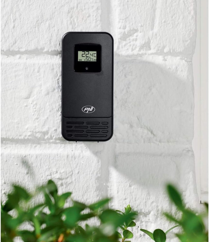 PNI Wetterstation MS500 mit drahtlosem externen Sensor, zeigt Temperatur und Luftfeuchtigkeit im Inn