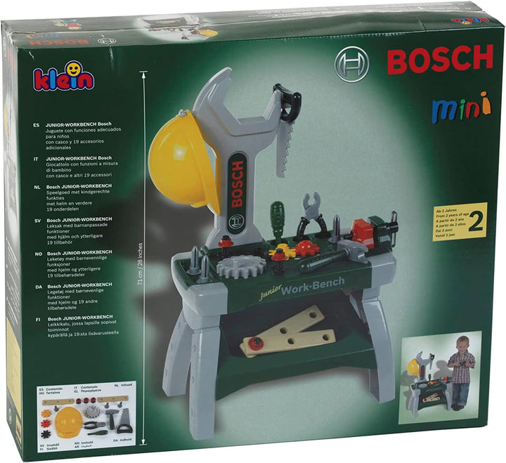 Theo Klein 8604 Bosch Werkbank Junior I Inkl. Helm, Schraubstock, Werkzeugen, Latten, Nägel, Schraub