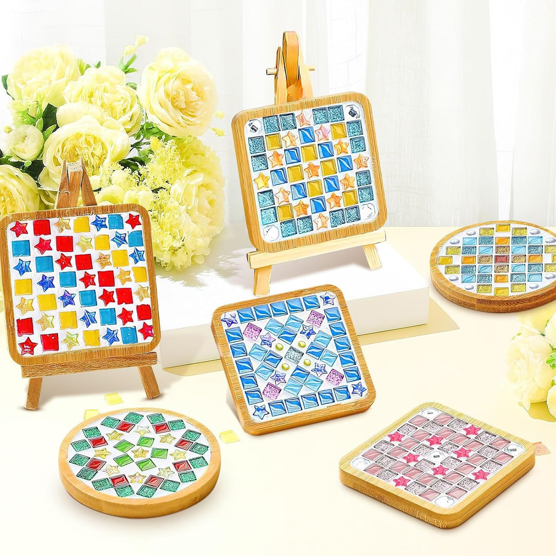 OGMBI 10 Stück DIY Mosaik Untersetzer Bastelset, Bunte Glasfliesen Coaster Set mit Holzuntersetzer,
