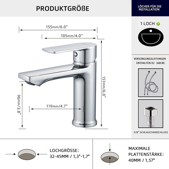 BELZ Wasserhahn Bad, Einhebel-badarmatur, Armatur Badezimmer, Mischbatterie Bad, Höhe 96 mm, Energie