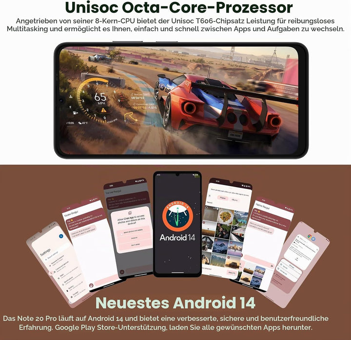 Ulefone Note 20 Pro Handy Android 14 256GB+8GB/1TB SD 50MP+8MP Kamera Octa Core 6000mAh 18W 6,75" HD