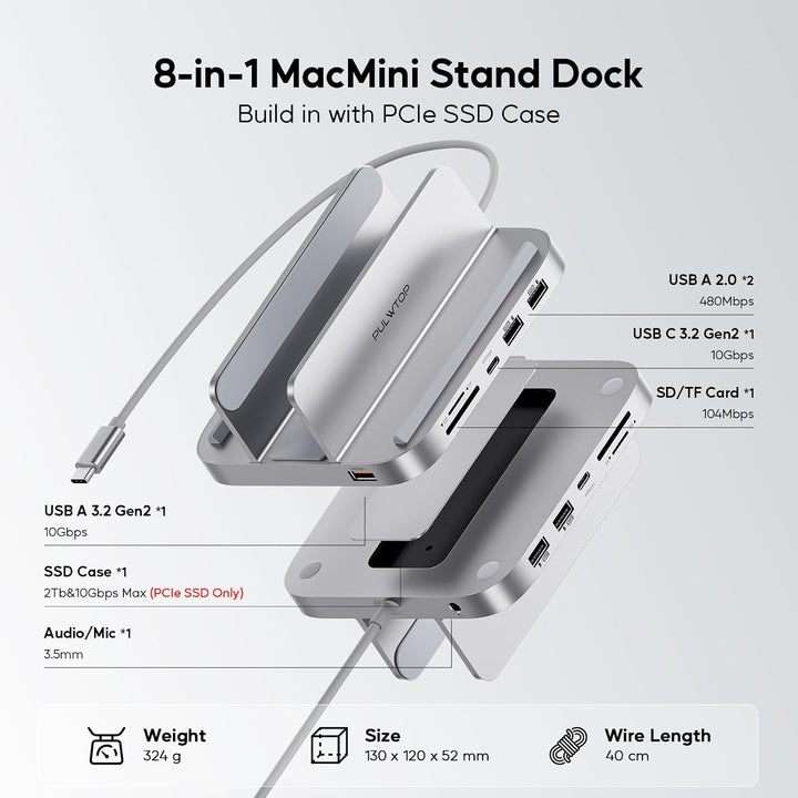 PULWTOP Mac mini Hub Ständer mit M.2 PCIe NVMe SSD-Gehäuse, 8-in-1 Vertikale Dock mit USB A/C 10 Gbi