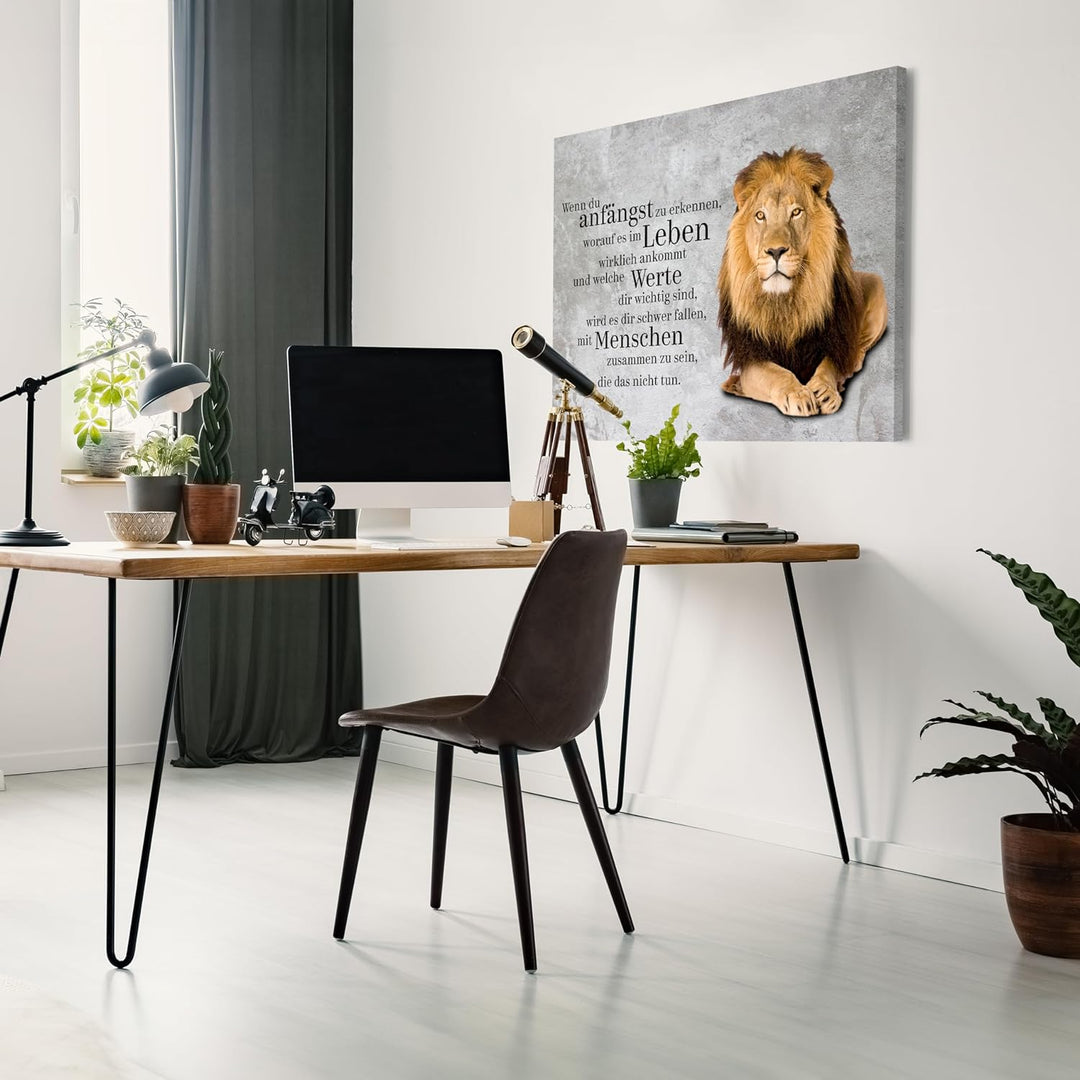 wandmotiv24 Motivations Motiv als Leinwandbild, 100x75cm, Querformat, welche Werte, Löwe, Beton, Gru