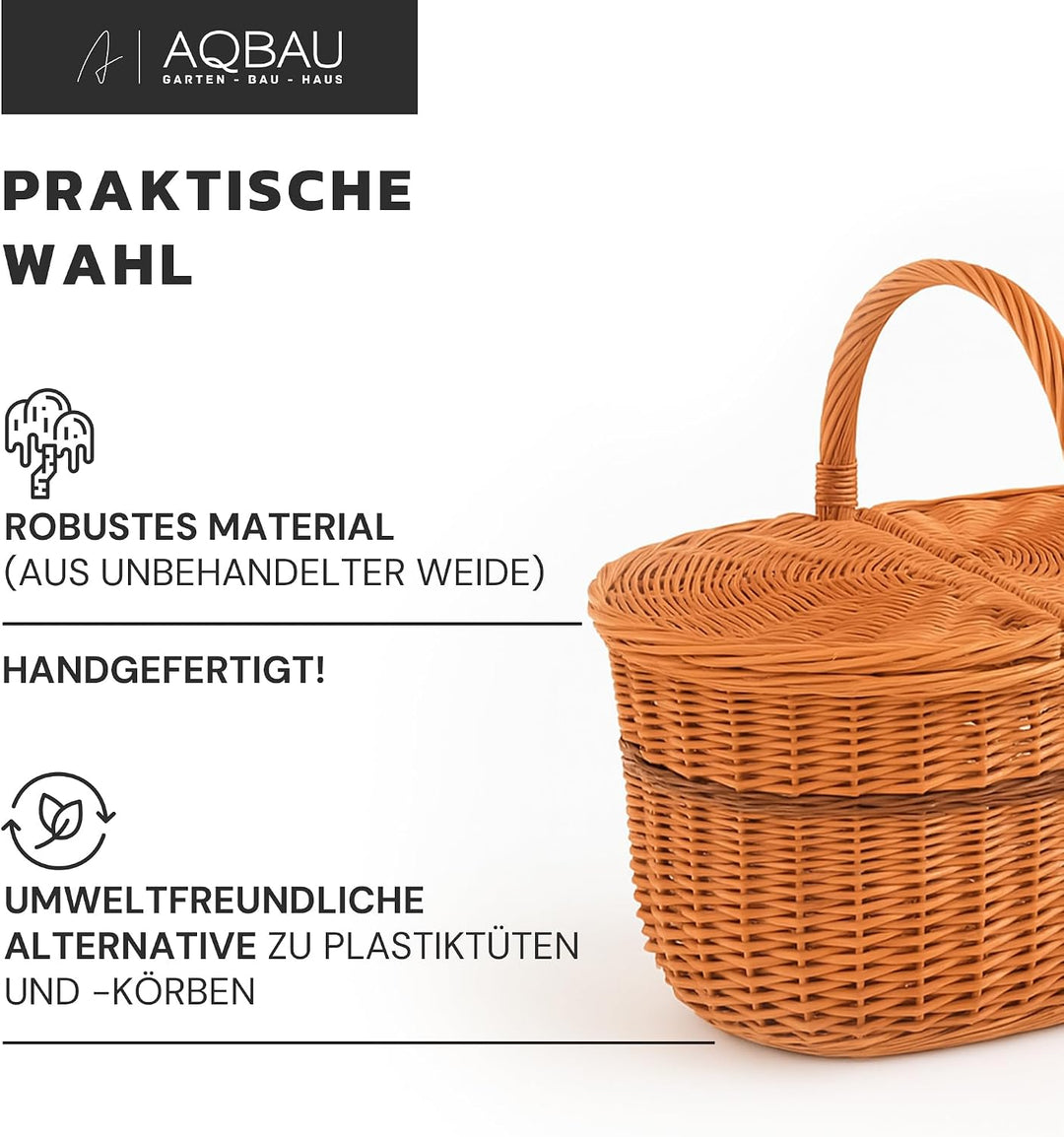 Natural Weiden-Picknickkorb mit Deckel 40 x 40 x 28 cm, Einkaufskorb geflochten aus Weide, Pilzkorb,