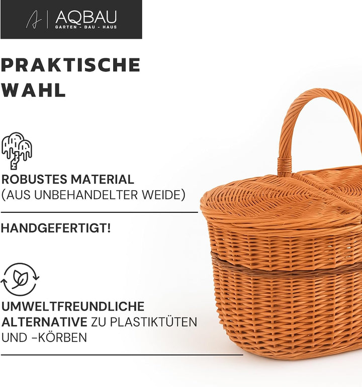 Natural Weiden-Picknickkorb mit Deckel 40 x 40 x 28 cm, Einkaufskorb geflochten aus Weide, Pilzkorb,