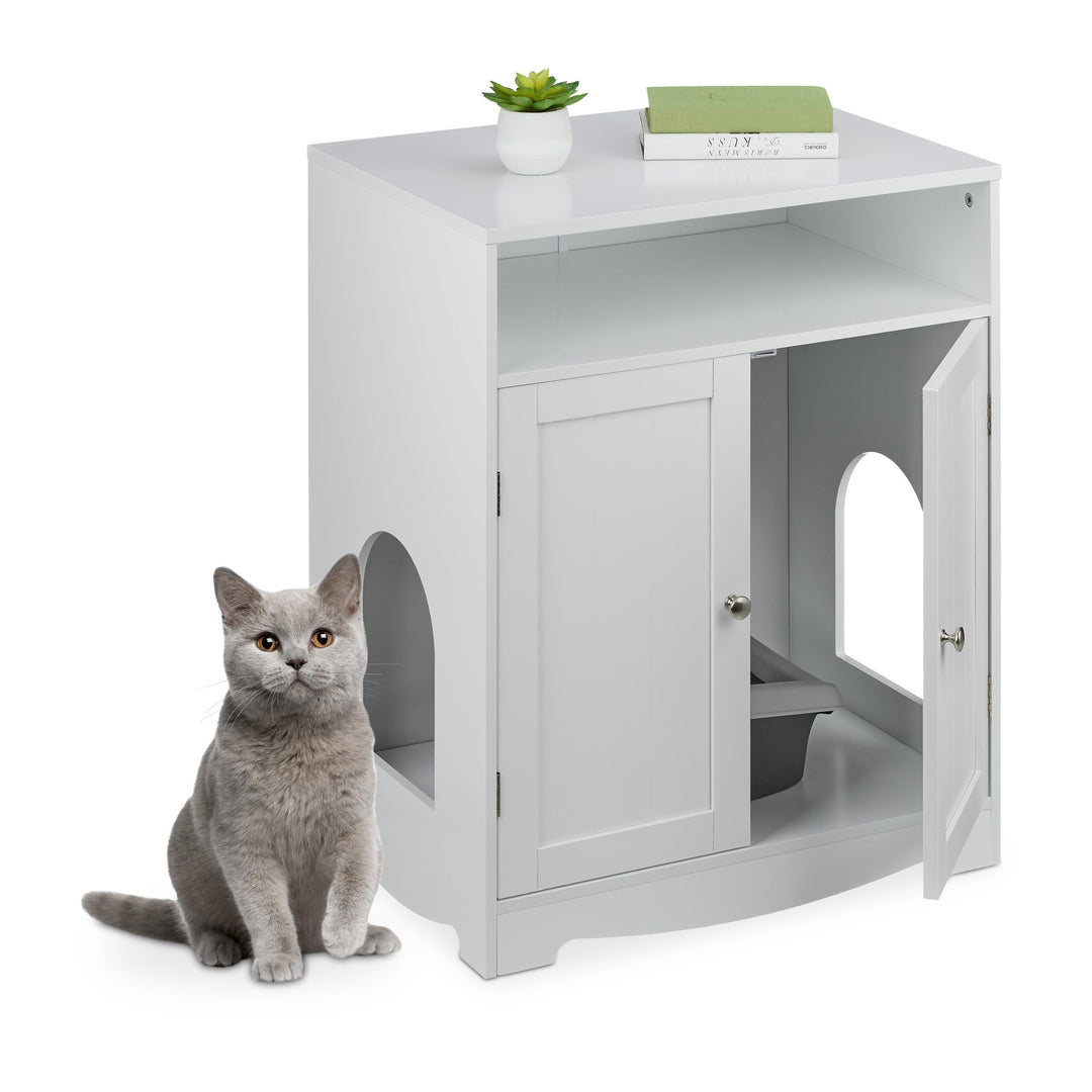 Relaxdays Katzenschrank für Katzentoilette, 2 seitliche Eingänge, offenes Fach, HBT: 73,5x60x43,5 cm