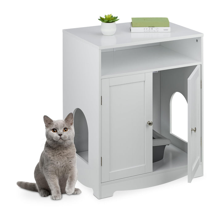 Relaxdays Katzenschrank für Katzentoilette, 2 seitliche Eingänge, offenes Fach, HBT: 73,5x60x43,5 cm