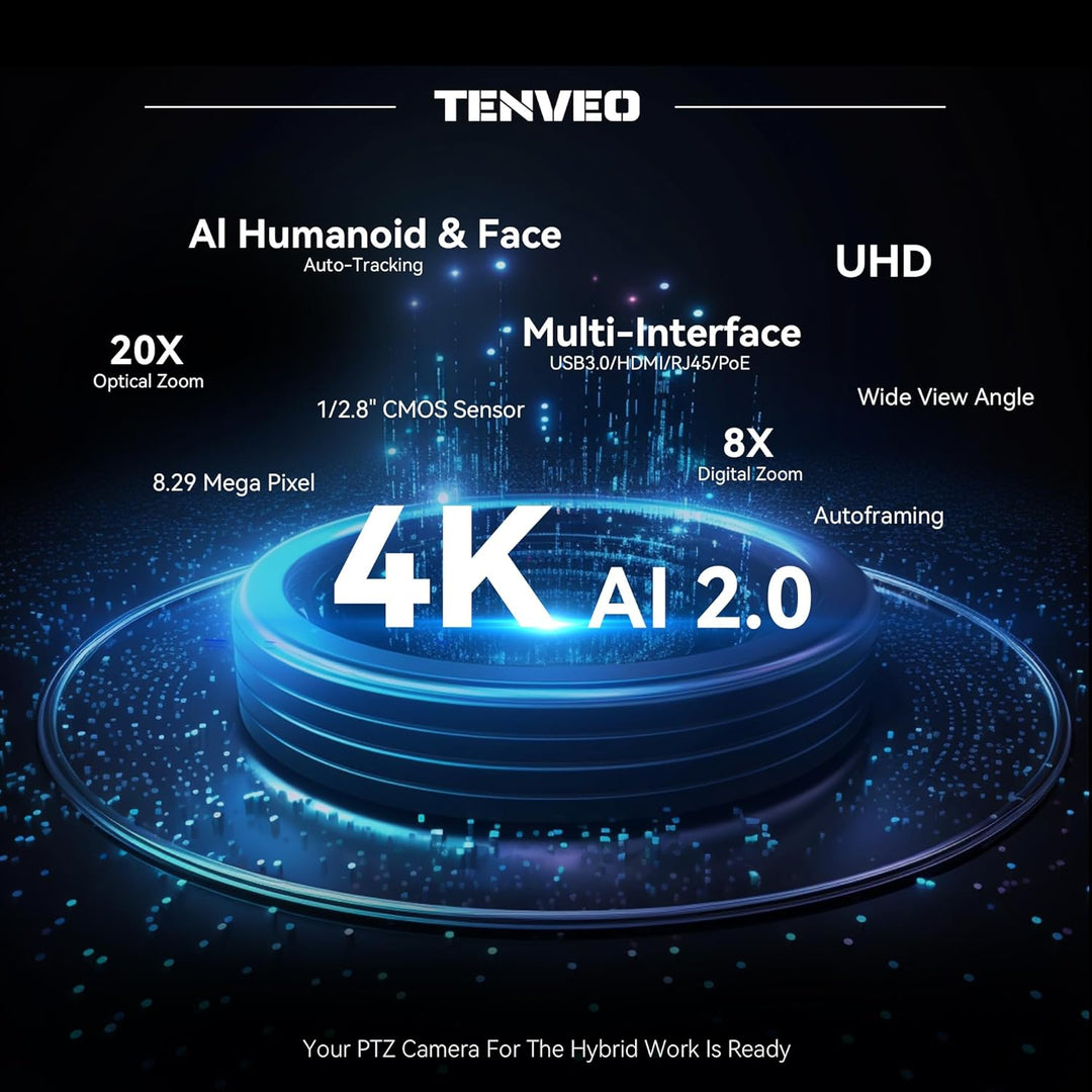 Tenveo 4K PTZ Kamera AI Humanoid & Gesicht Auto-Tracking 20X Optical + 8X Digital Zoom USB3.0 / HDMI