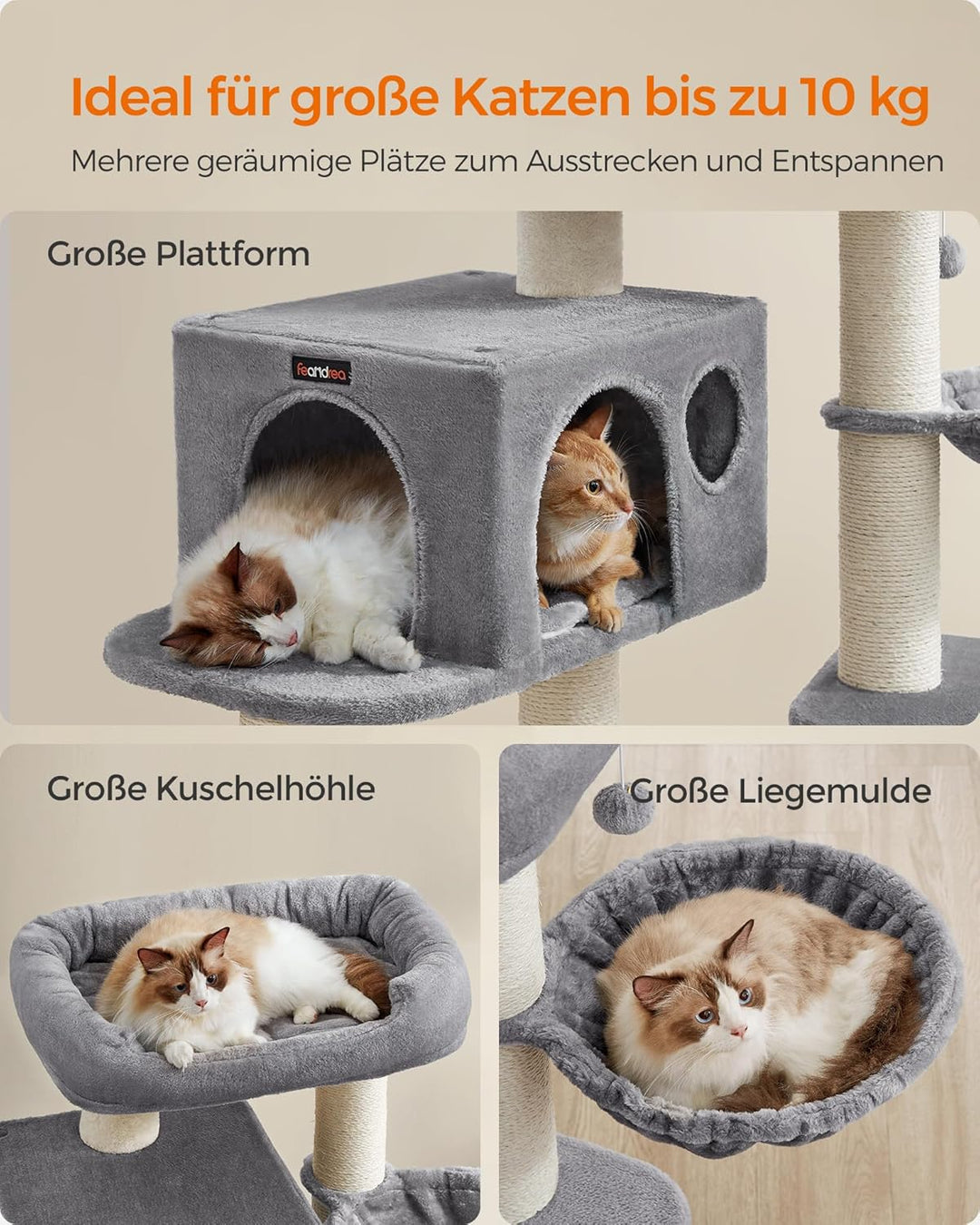 Feandrea Kratzbaum für grosse Katzen, XXL, hochbelastbar, Katzenturm mit 6 extra dicken Kratzsäulen,
