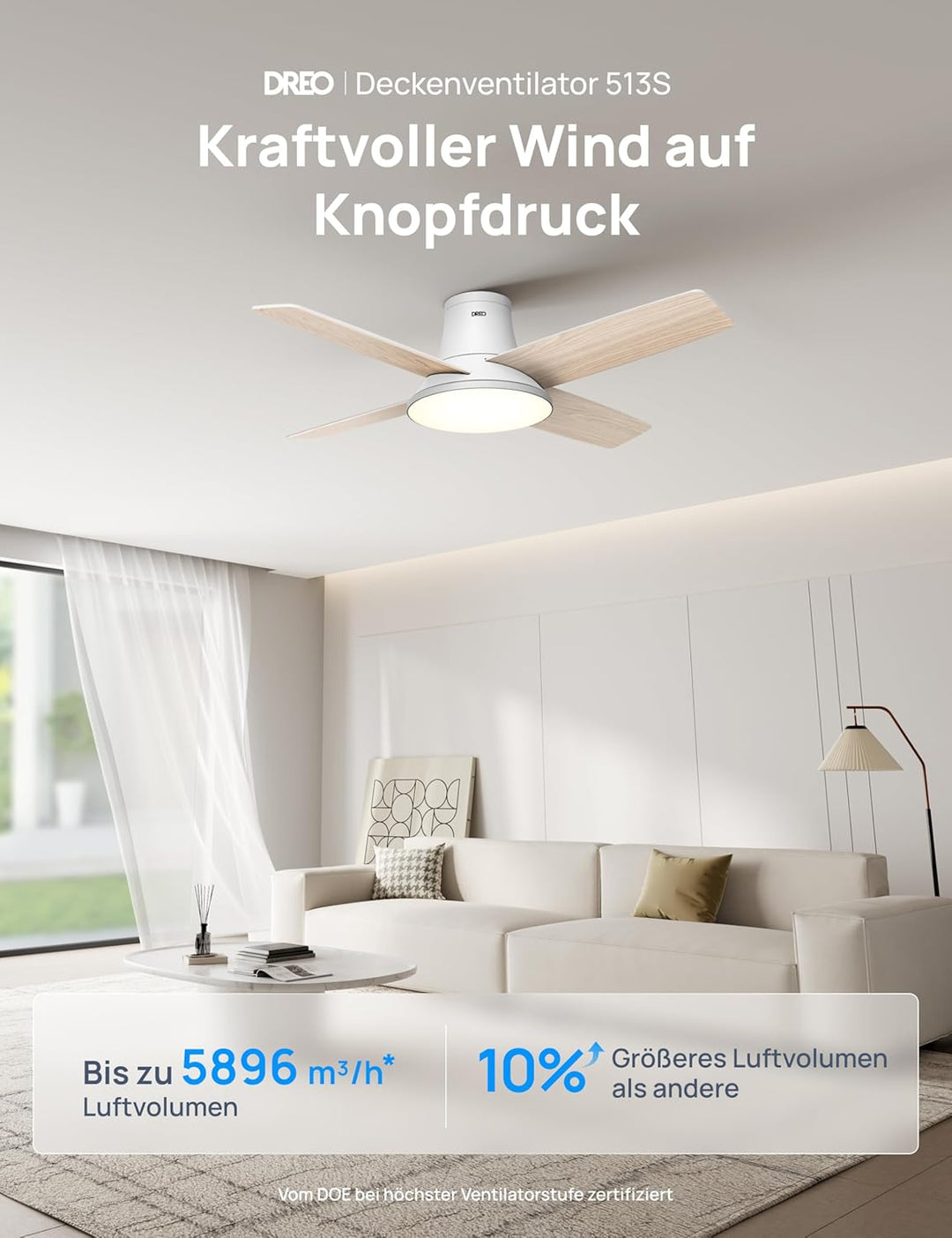 DREO Deckenventilator mit Licht bietet zwölf Geschwindigkeiten, drei Modi und einen leisen Gleichstr