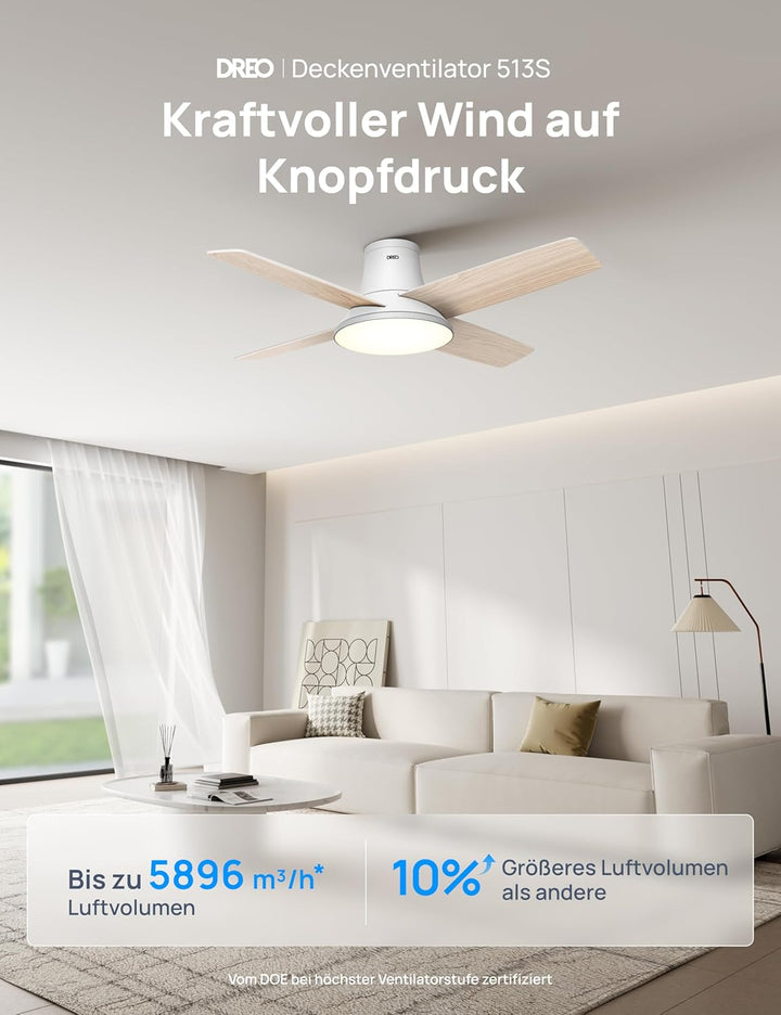 DREO Deckenventilator mit Licht bietet zwölf Geschwindigkeiten, drei Modi und einen leisen Gleichstr