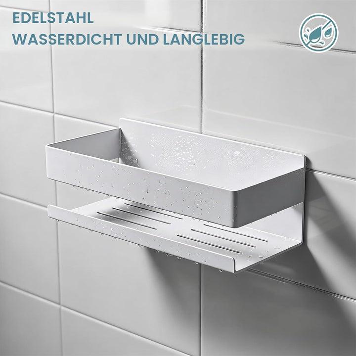 EXLECO Hoch Weiss 23CM Duschablage Ohne Bohren Duschregal Wand Edelstahl Badregal mit 2 Haken Duschk