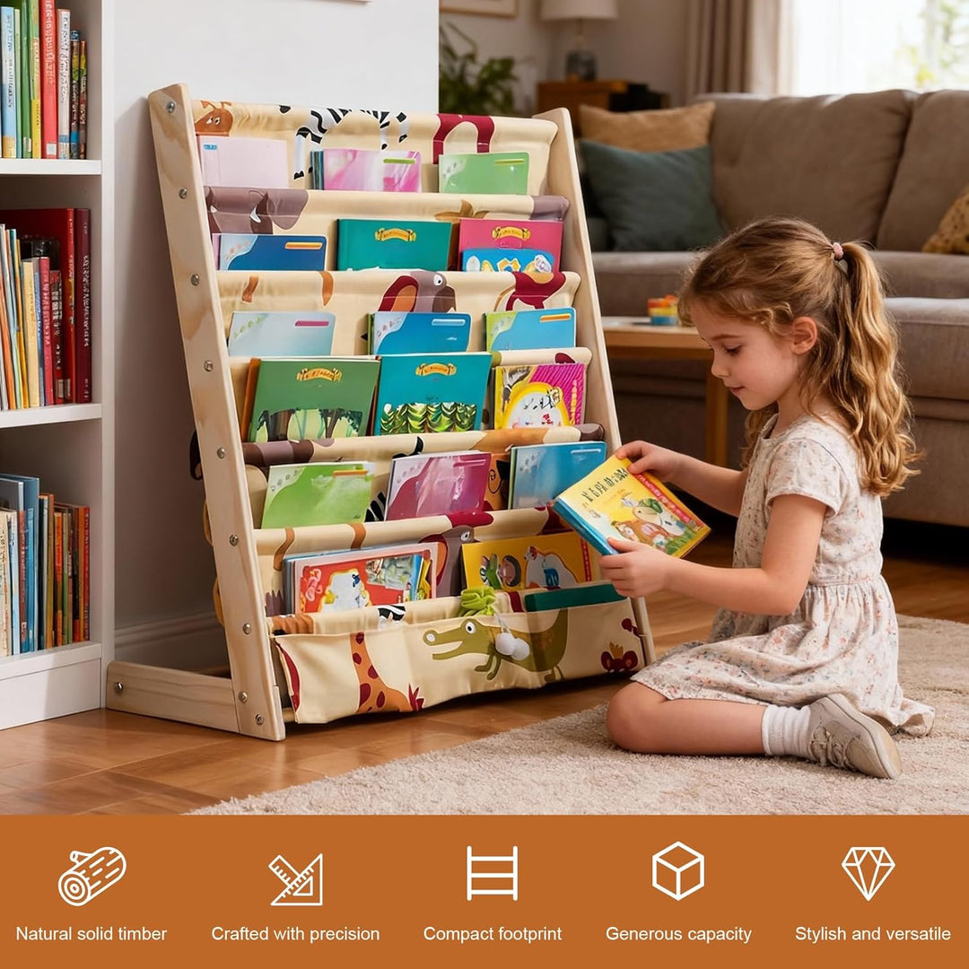 Bücherregal Kinder, 6 Ebenen Bücherregal Kinderzimmer, Aufbewahrung Kinderbücherregal mit Tasche, Bü