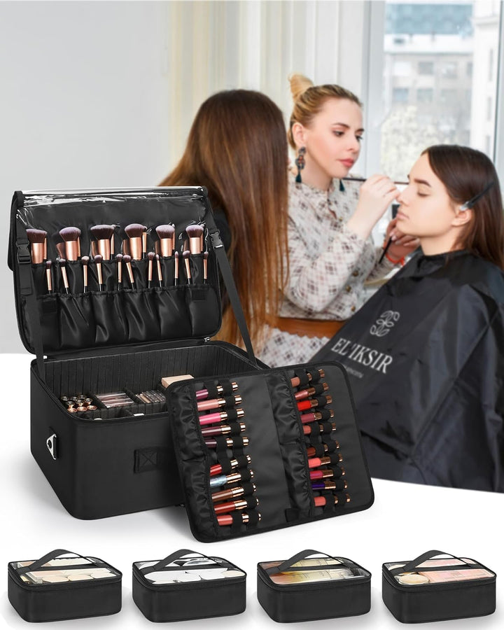 Relavel XXL Make-up-Koffer, Professioneller Kosmetik-Organizer mit Pinselhalter, 4 durchsichtigen Ta