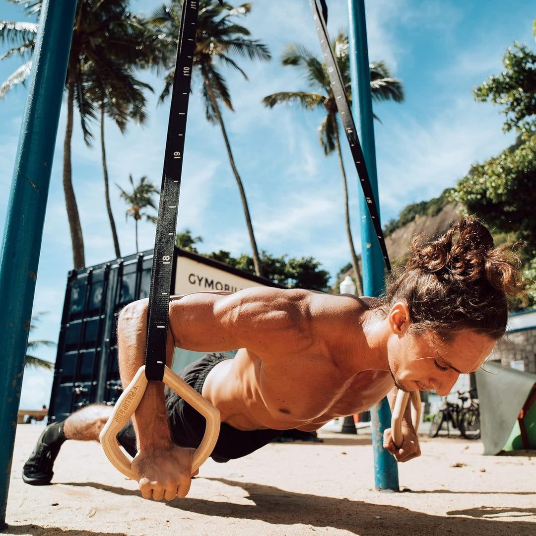 PULLUP & DIP Premium Turnringe Holz, Gym Rings Gymnastikringe, Turnerringe für Calisthenics, Breite