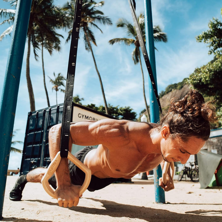 PULLUP & DIP Premium Turnringe Holz, Gym Rings Gymnastikringe, Turnerringe für Calisthenics, Breite