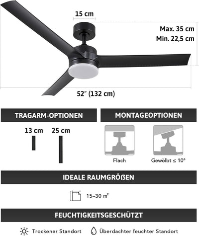 CO-Z 52 Zoll Deckenventilator mit Beleuchtung und Fernbedienung 2 in 1 Ventilator LED Deckenleuchte
