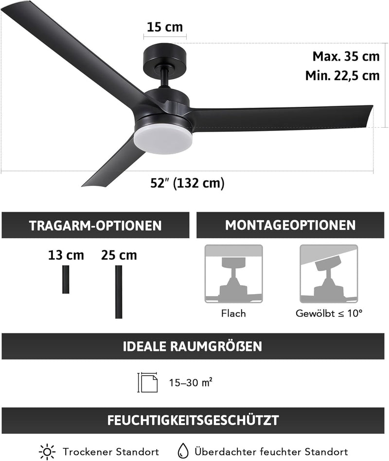 CO-Z 52 Zoll Deckenventilator mit Beleuchtung und Fernbedienung 2 in 1 Ventilator LED Deckenleuchte