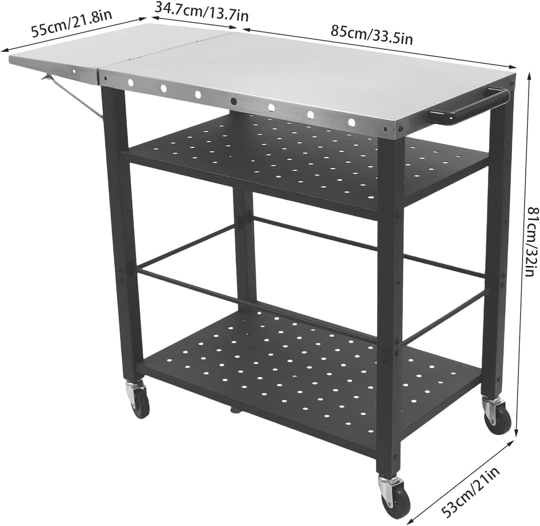 Grillwagen Grilltisch mit 4 Universalrädern, 80x50x83 cm, Küchenwagen Edelstahl mit Klappbarer Beist