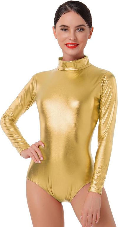 FYMNSI Damen Glänzende Ballettanzug Ballettbody Sport Tanz Body Gymnastikanzug Trikot Langarm Bodysu