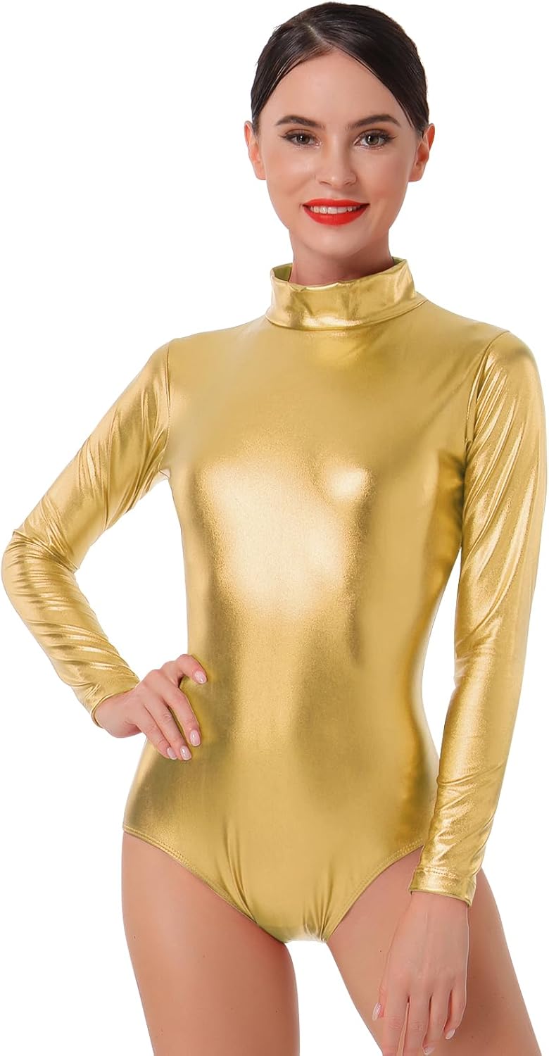 FYMNSI Damen Glänzende Ballettanzug Ballettbody Sport Tanz Body Gymnastikanzug Trikot Langarm Bodysu