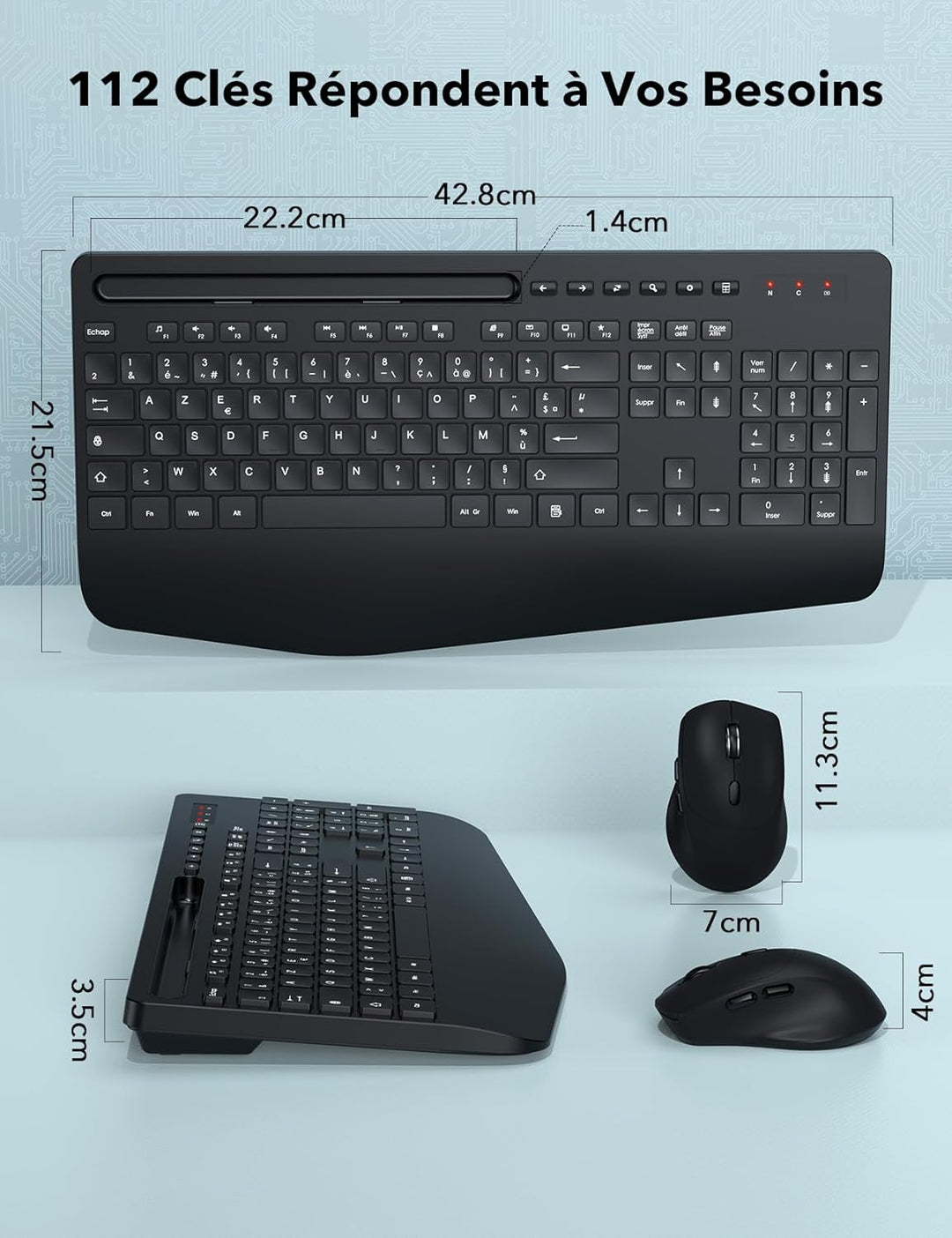 Tastatur Maus Set Kabellos, Ergonomische Tastatur in Voller Grösse mit Handgelenkauflage, Telefonhal