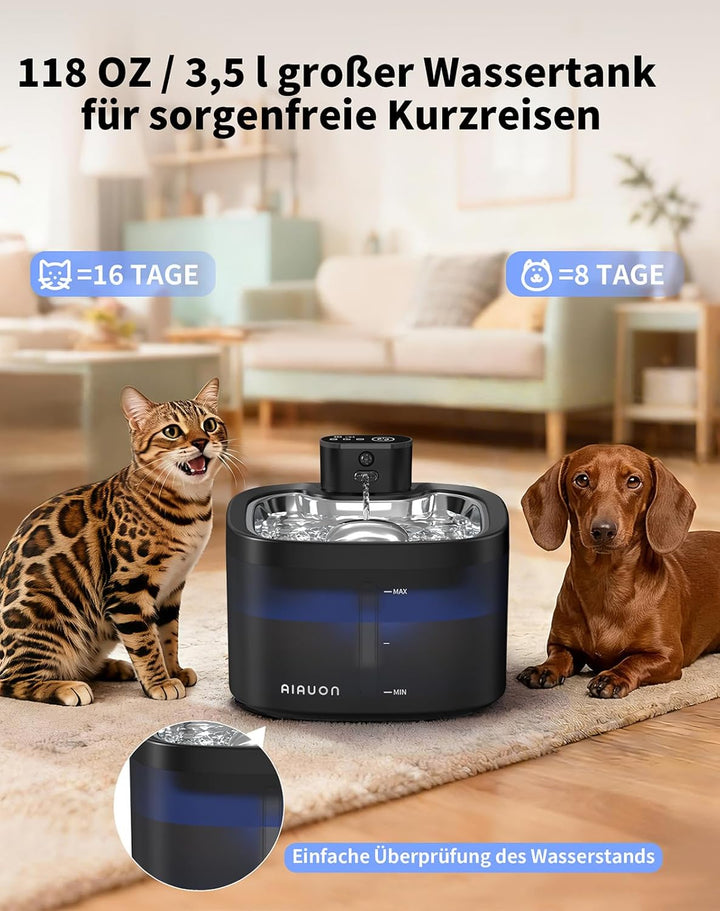 Katzenbrunnen kabellos 118oz/3,5L Drahtlos & Ultra-leise mit Sensor- und Zeitmodus,Edelstahlpalette,