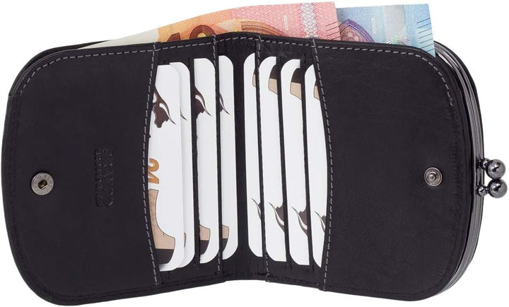 Leder Damen Geldbörse Portemonnaie Geldbeutel Bügelbörse mit Knipser 16771 Farbe Schwarz, Schwarz