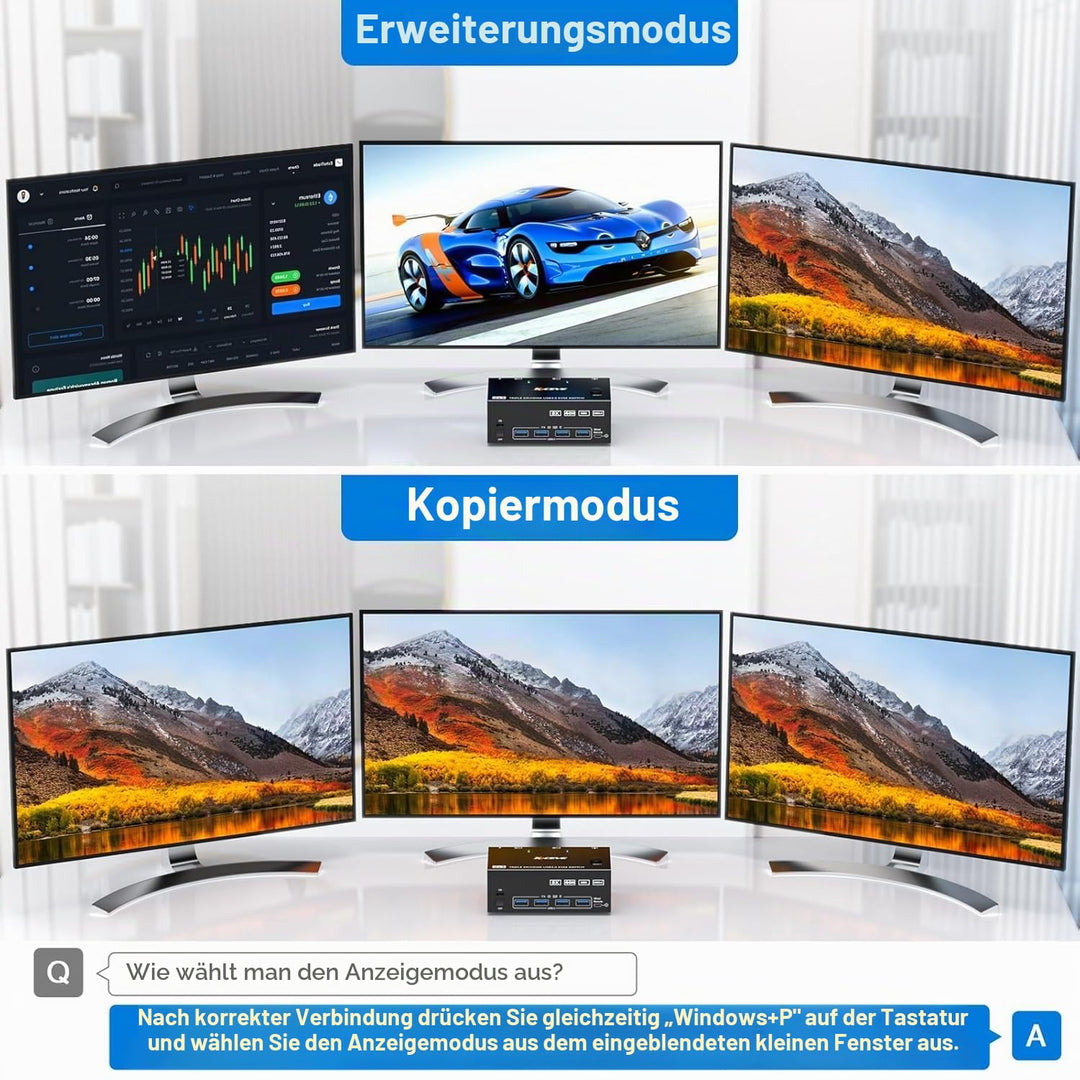 KCEVE KVM Switch 3 Monitore 2 PC, 8K@60Hz/4k@144Hz USB 3.0 KVM Umschalter HDMI + DisplayPort, für 2